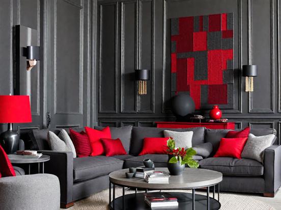 Cozy room gray couch red accents