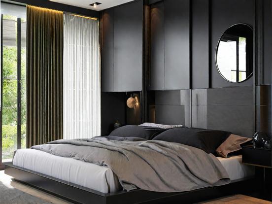 Dark serene bedroom minimal design