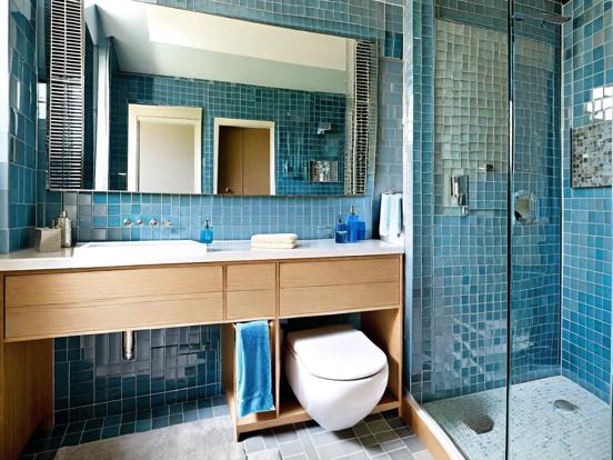 Modern blue tiled bathroom design