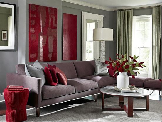 Gray living room red accents