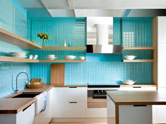 Modern teal kitchen closeup