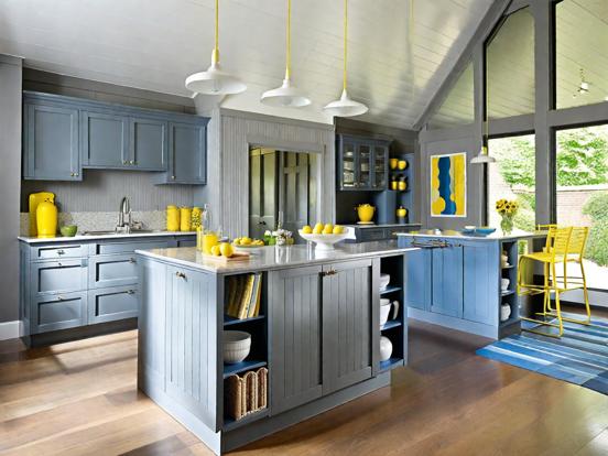 Blue yellow kitchen island