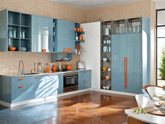 Teal orange kitchen closeup