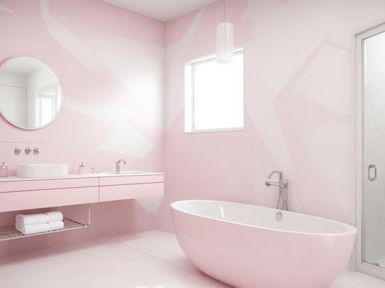 Pink bathroom white tub mirror