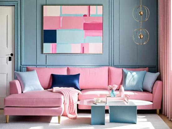 Pink couch blue wall pastels