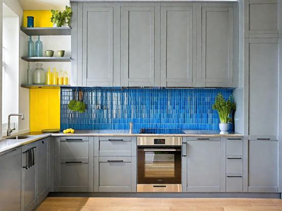 grey yellow and blue kitchen