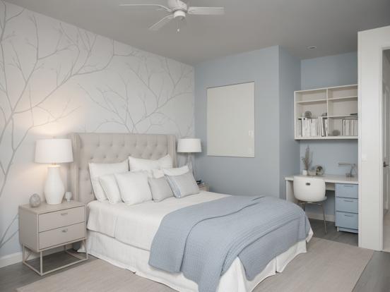 Blue white serene bedroom setup