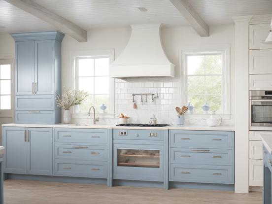 Blue kitchen cabinets white counter