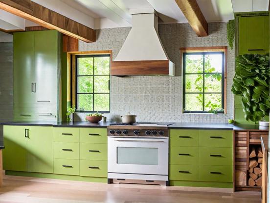 Green kitchen stove cabinets