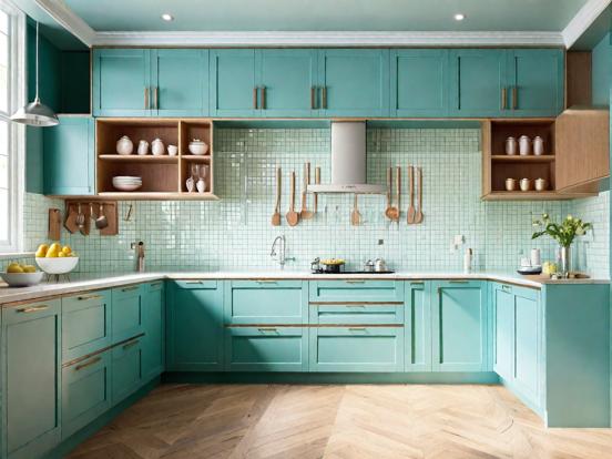 Teal kitchen closeup oak floor