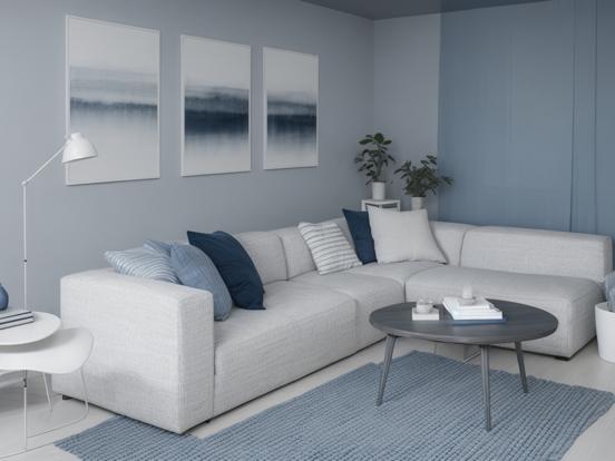 Blue white living room CGI