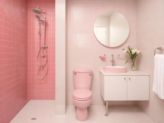 Pink bathroom with mirror