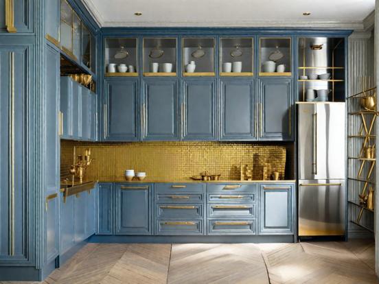 Blue gold kitchen closeup