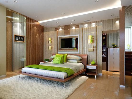 Green lit Asian style bedroom