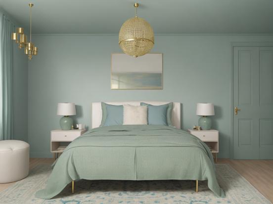 Teal gold serene bedroom decor