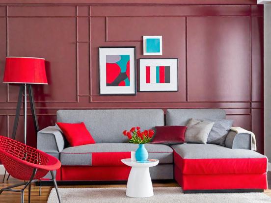 Living room with red couch chair