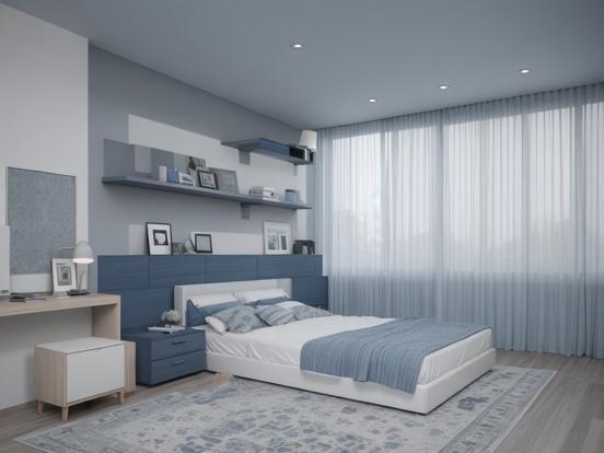 Blue white grey bedroom setup