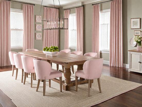 Closeup dining table pink chairs