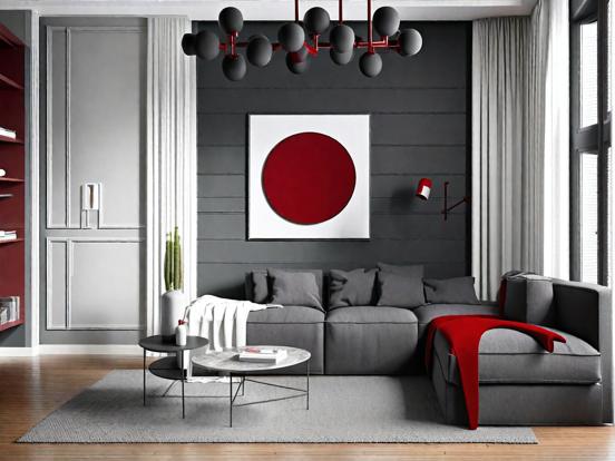 Living room with red black decor