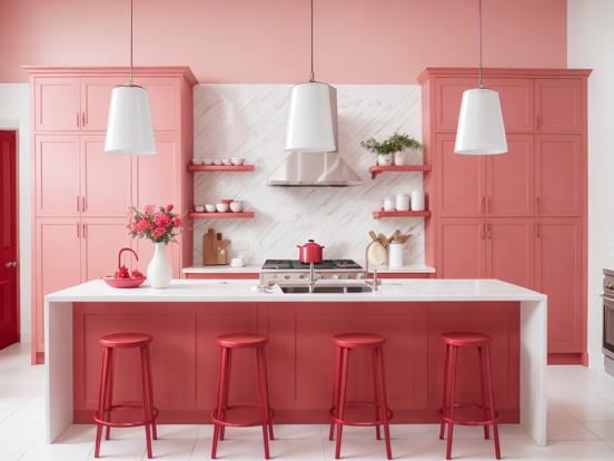 Closeup kitchen red stools pink