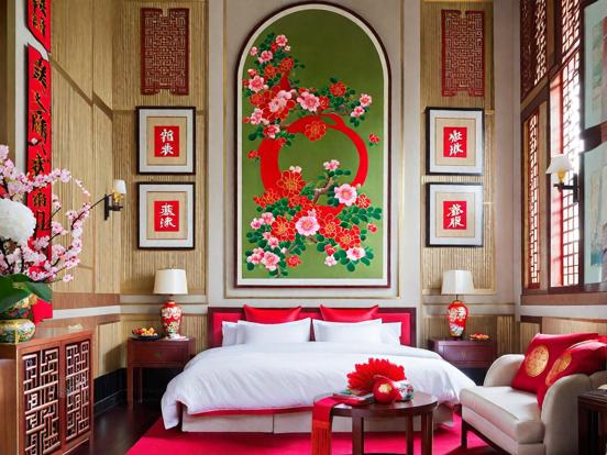 Closeup Asian style bed decor