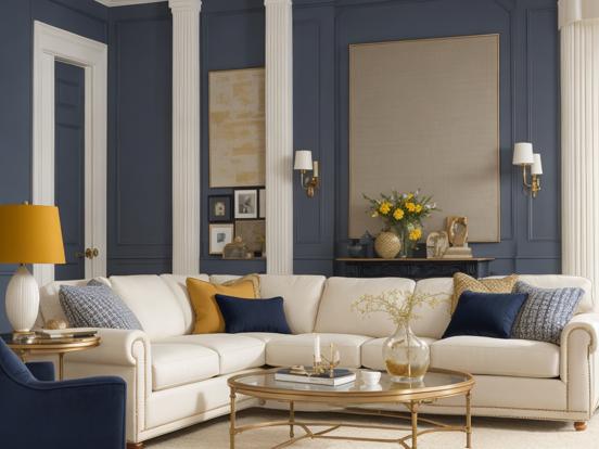 Cozy blue gold living room