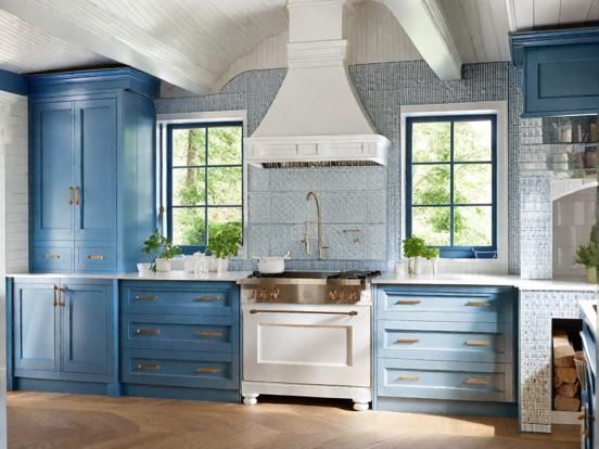 Blue white kitchen stove wood