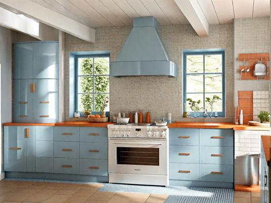 Modern blue silver kitchen closeup