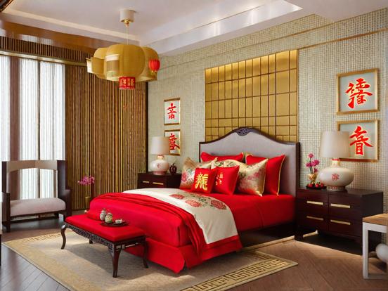 Red gold Asian style bedroom