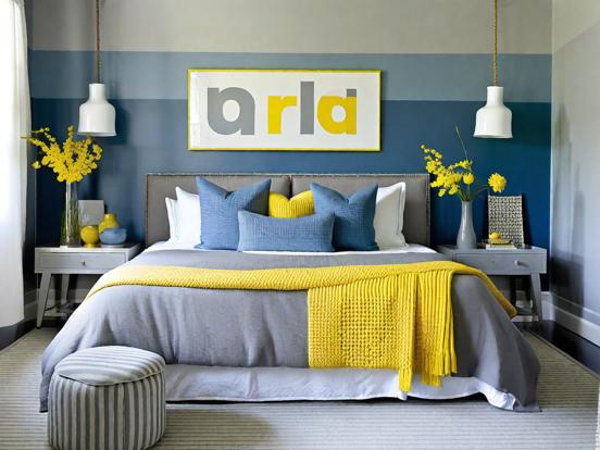 Blue yellow bed closeup