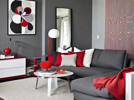 Red gray living room decor