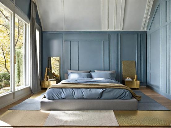 blue grey and gold bedroom