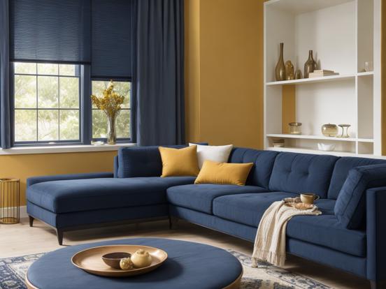 Blue couch yellow wall decor