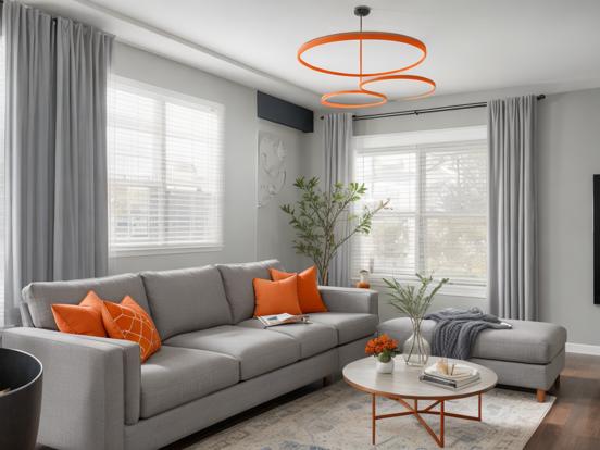 Gray couch orange pillows room