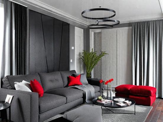 Red black grey living room