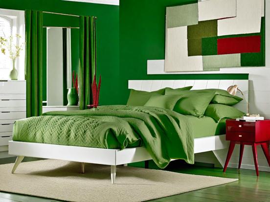 Green bedroom white decor red table