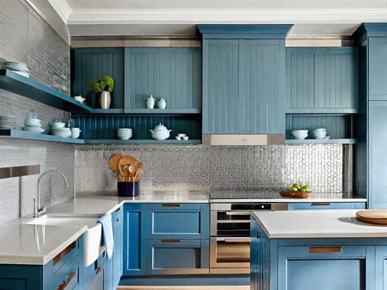 Blue kitchen white counters