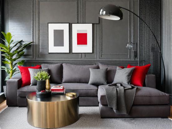 Living room with red black couch