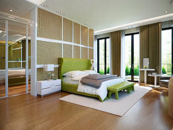 Green bed white rug bedroom