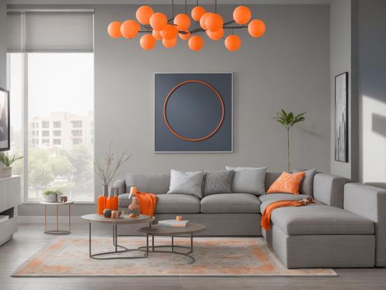 Living room with orange couch