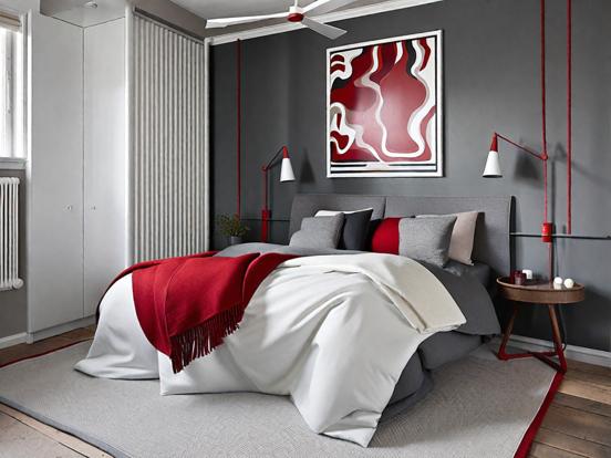 Red bedroom bed fan color mix