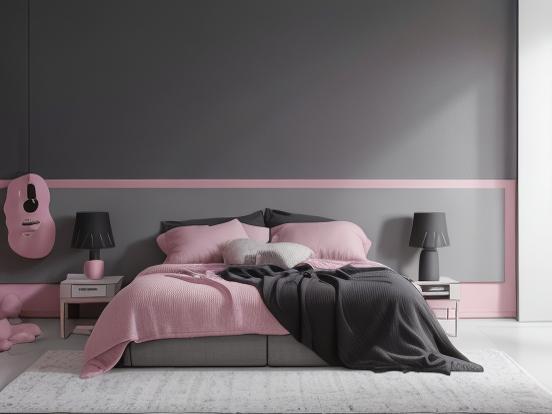 Bed guitar pink grey room