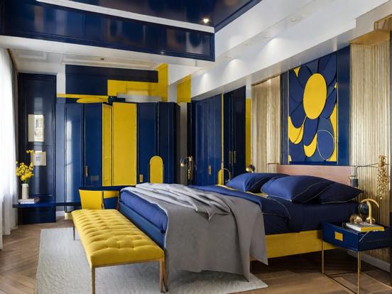 Blue yellow themed bedroom