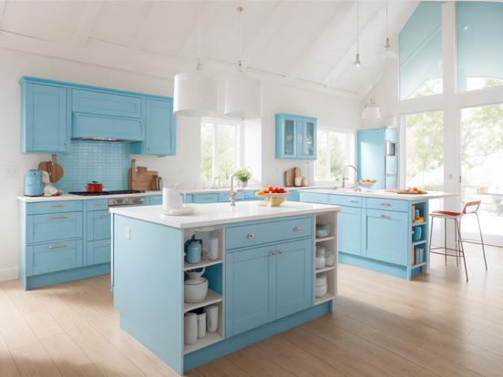 Blue kitchen island wood floor