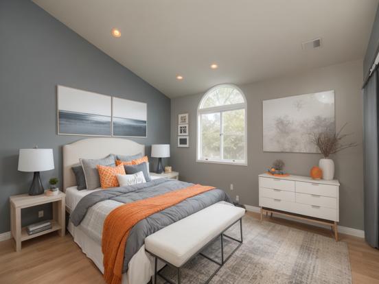 grey and orange guest room