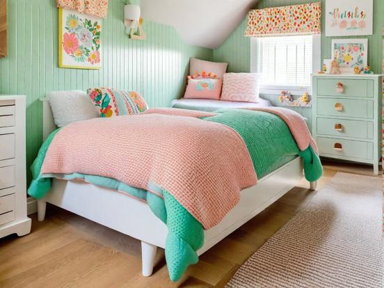 Twin beds girly room pastels