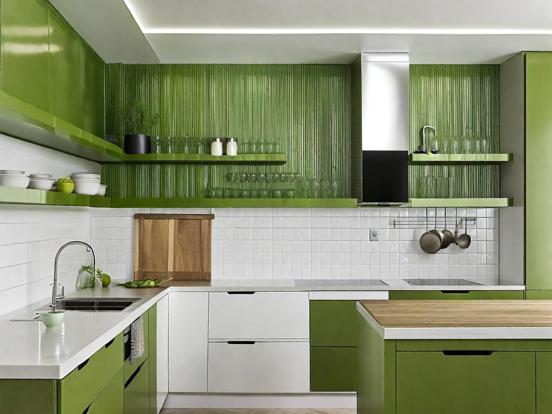 Green kitchen closeup white walls