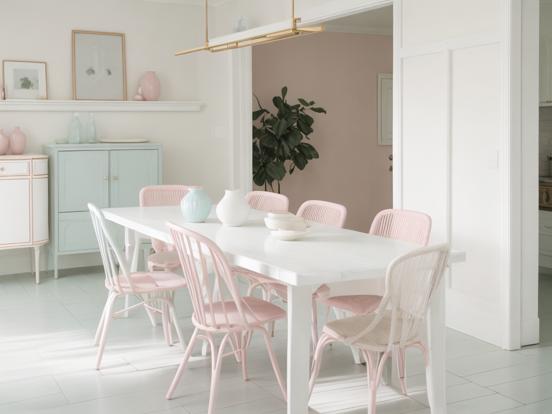 White table pink chairs room