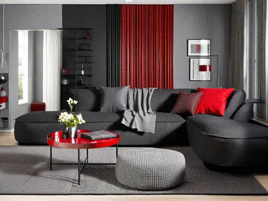 Living room red black couch