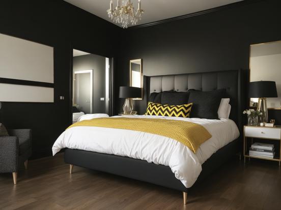 Black gold themed bedroom interior